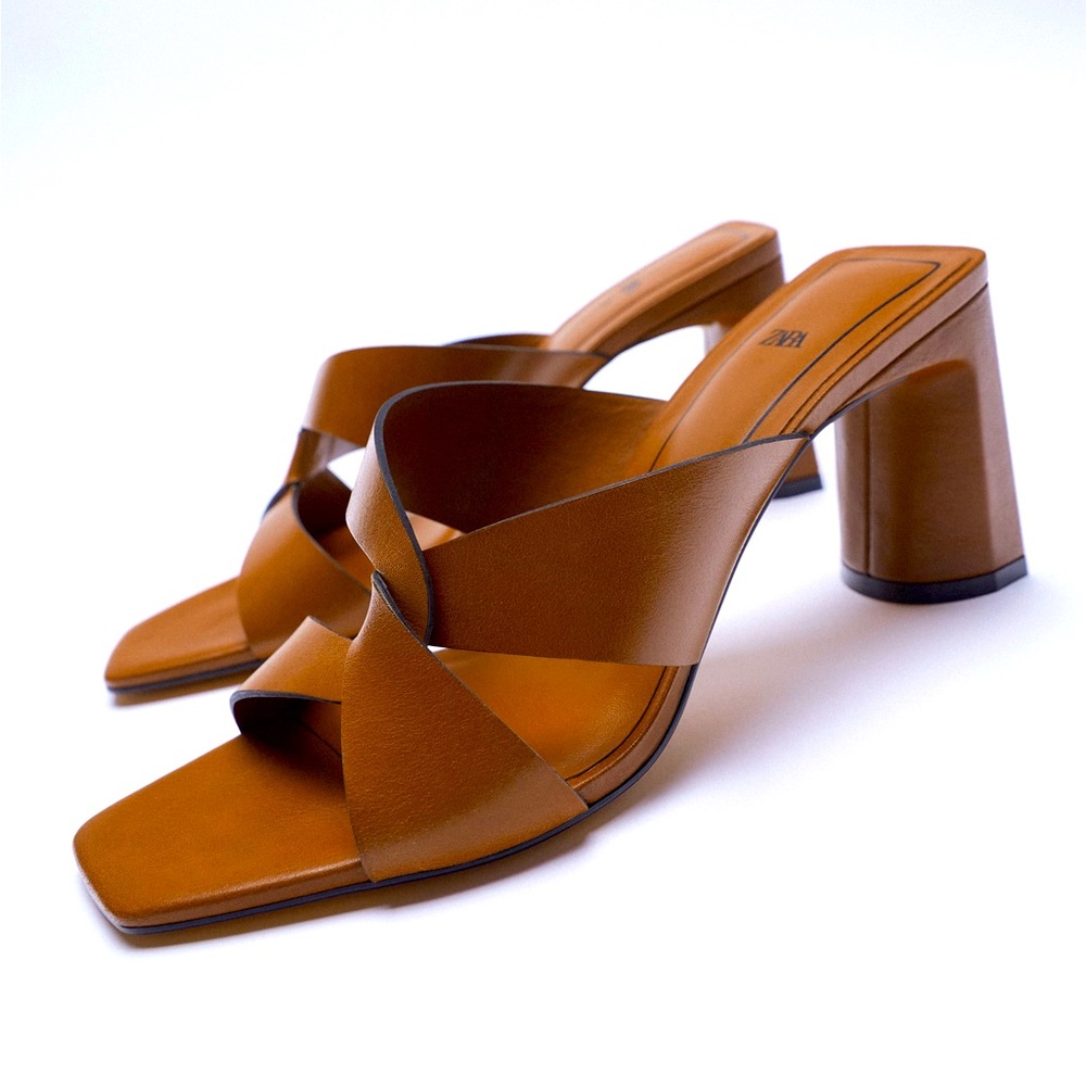 Block Heel Leather Sandals / Brown / 8